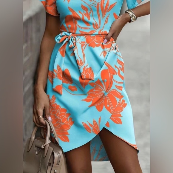 Plant Print V Neck Casual Asymmetrical Hem Tie Waist Dress - Picture 5 of 5